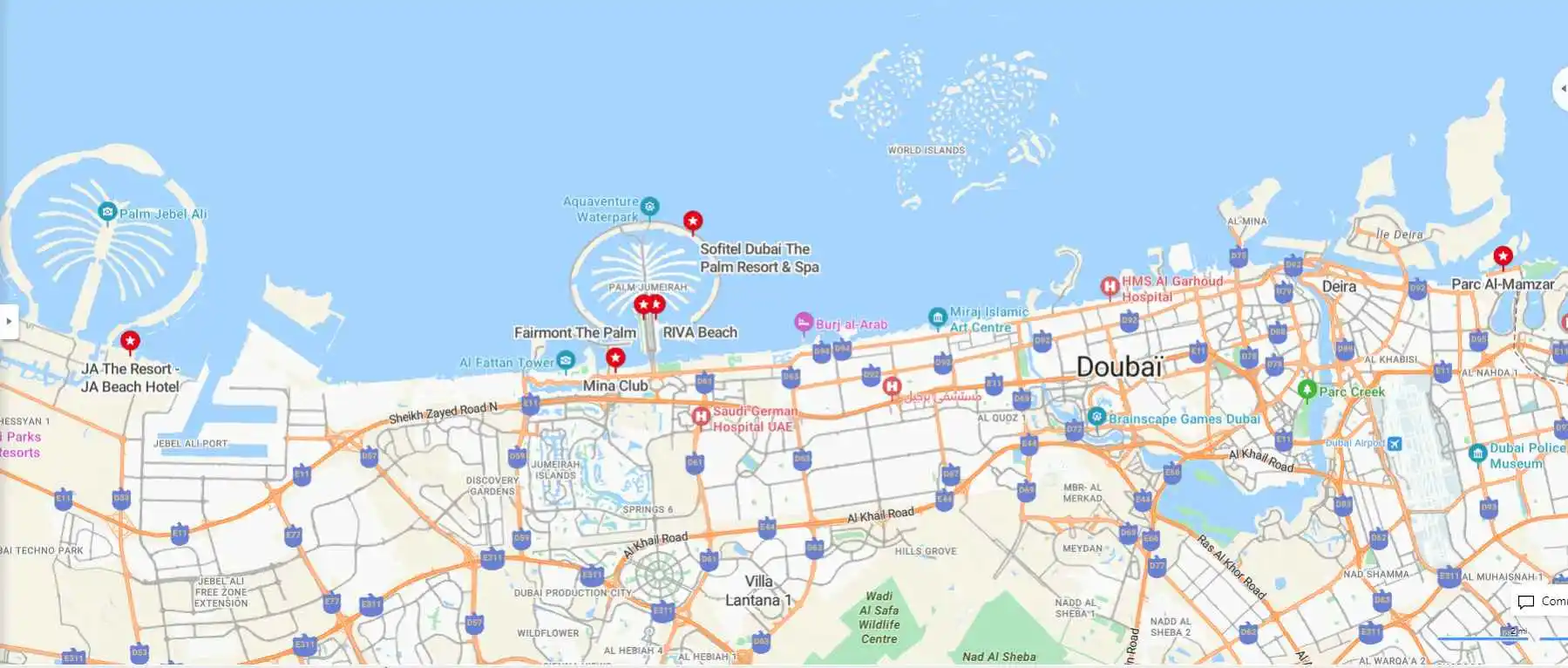 Carte des beach clubs en famille à Dubaï