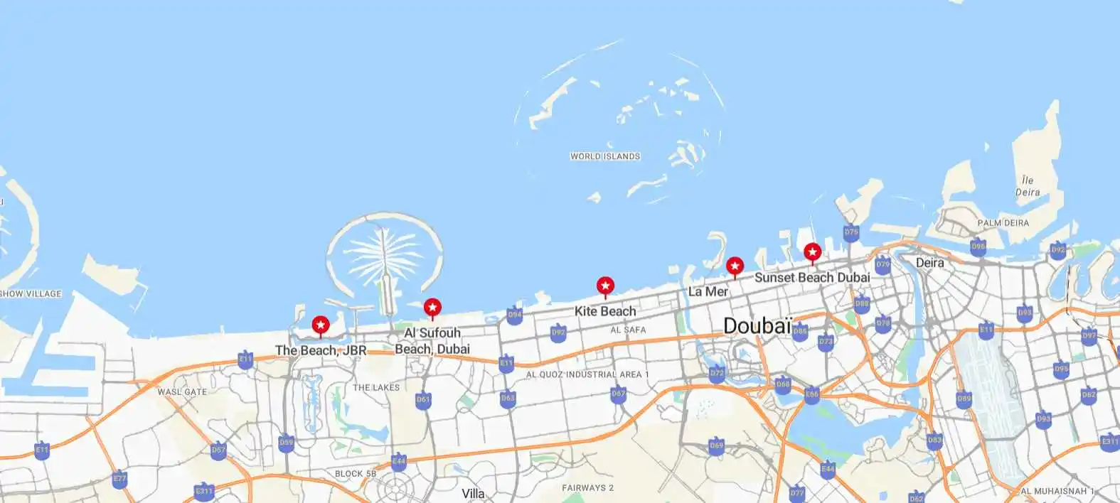carte des plages de Dubaï idéales en famille
